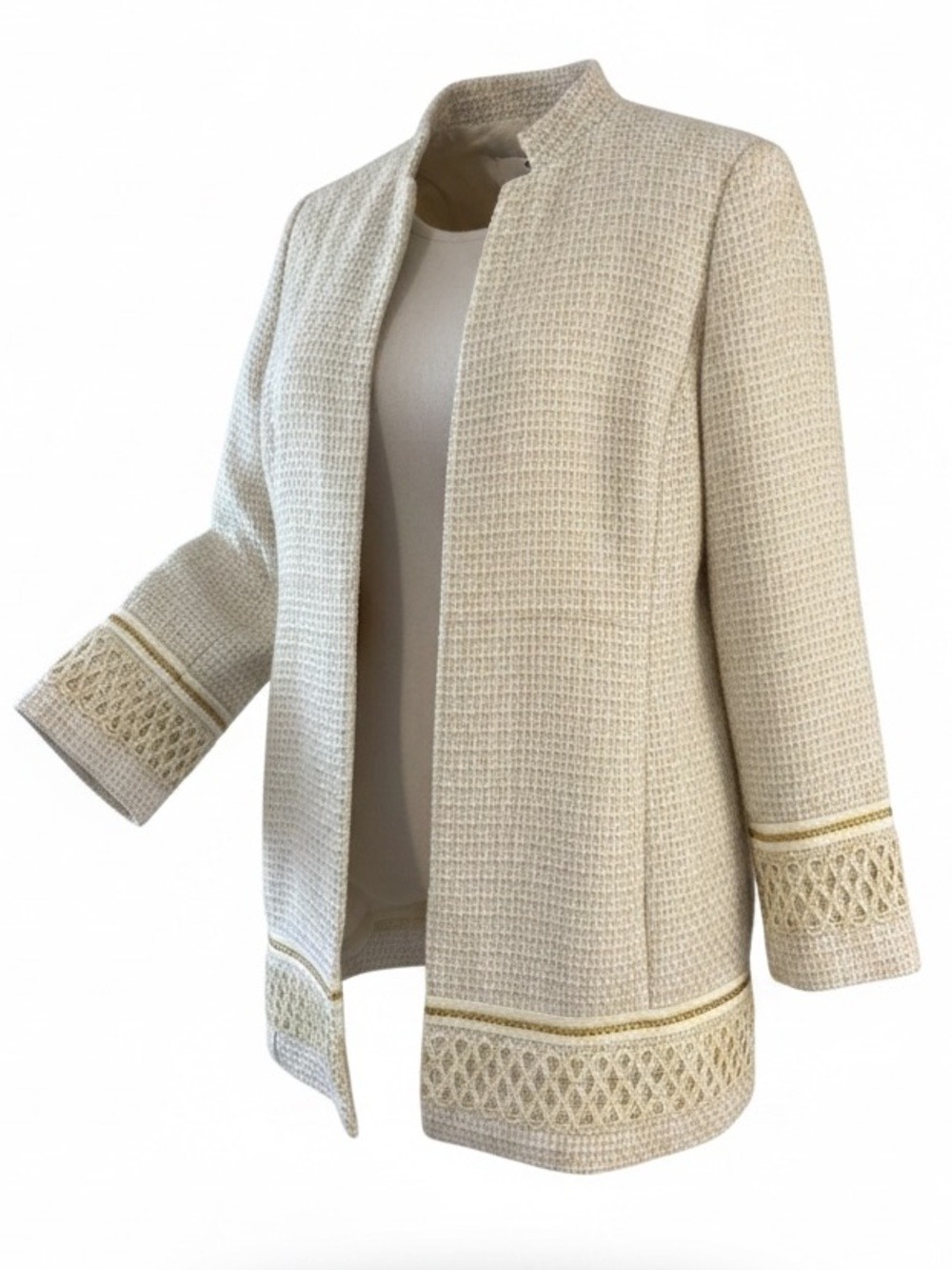 Chicos Textured Embellished Jacket Topper Ivory Gold Size 8 Medium Or Chicos 1